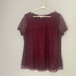 Women’s Burgundy Red Lace Dressy Tshirt Top Size Large Office Business Casual